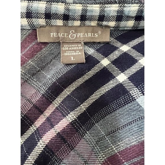 Peace And Pearls Women’s Shirt Open Front Waterfall Plaid Boho Viscose Large - Picture 4 of 6